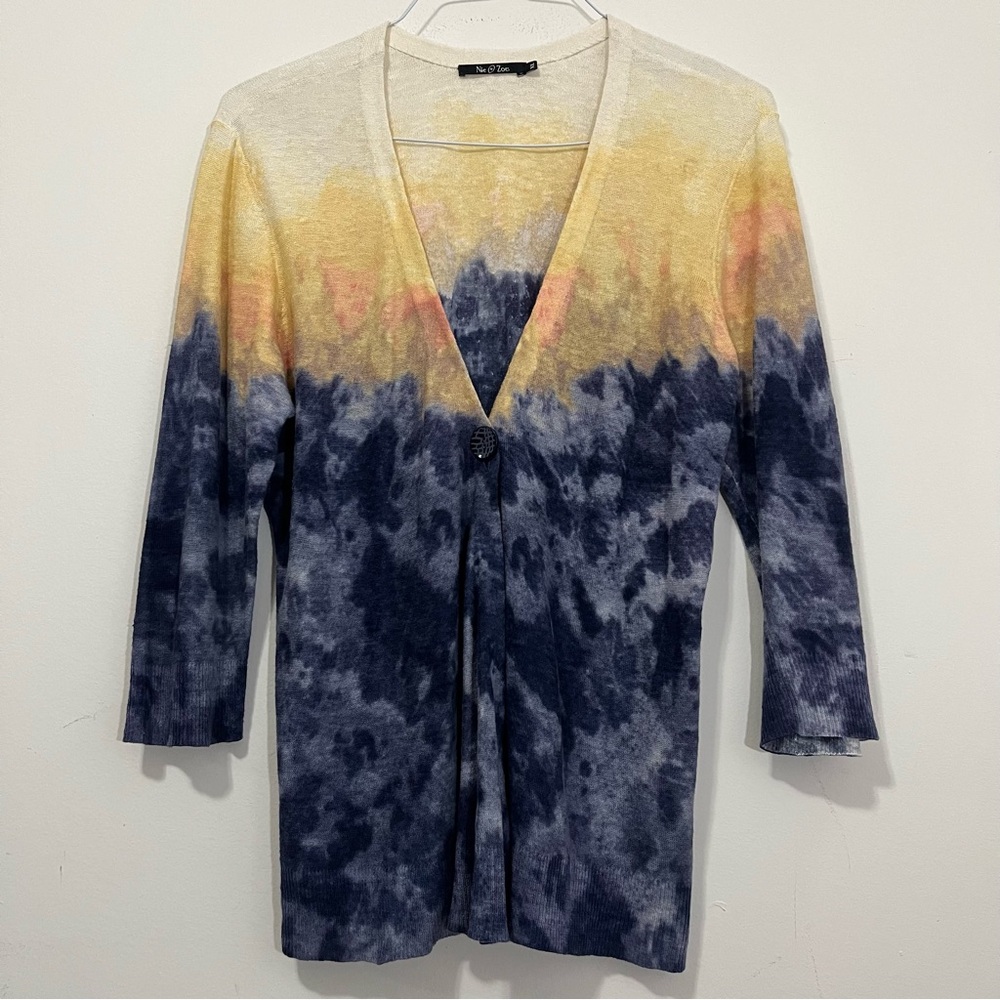 Nic + Zoe Painted Twirl Linen Blend Cardigan XL One Button Art To Wear Coastal